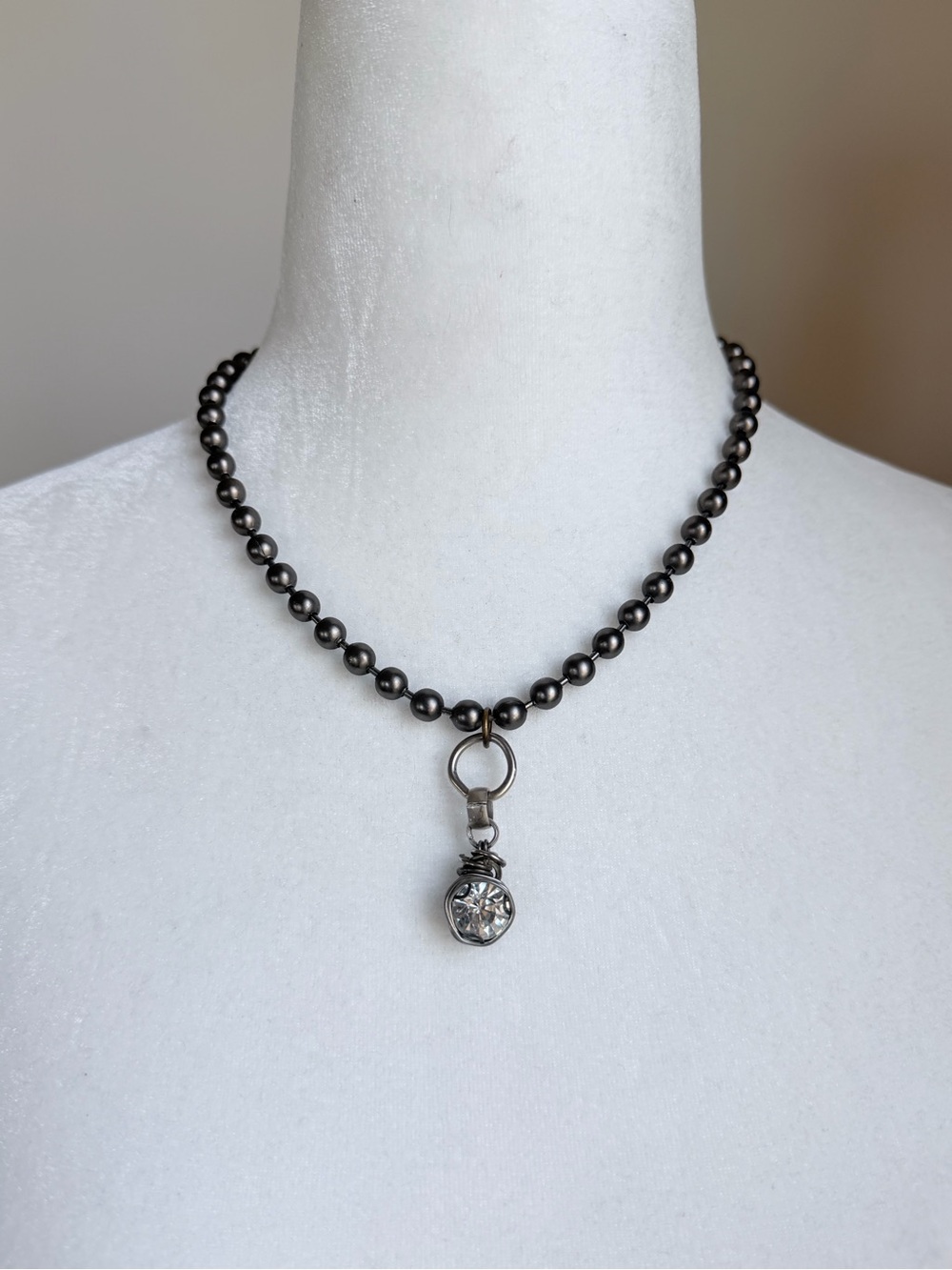 Black Bead Necklace with Clear Crystal Pendant